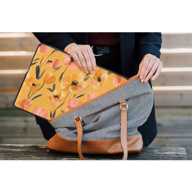Bloemen - Geschilderd - Geel laptophoes neopreen klein -tas