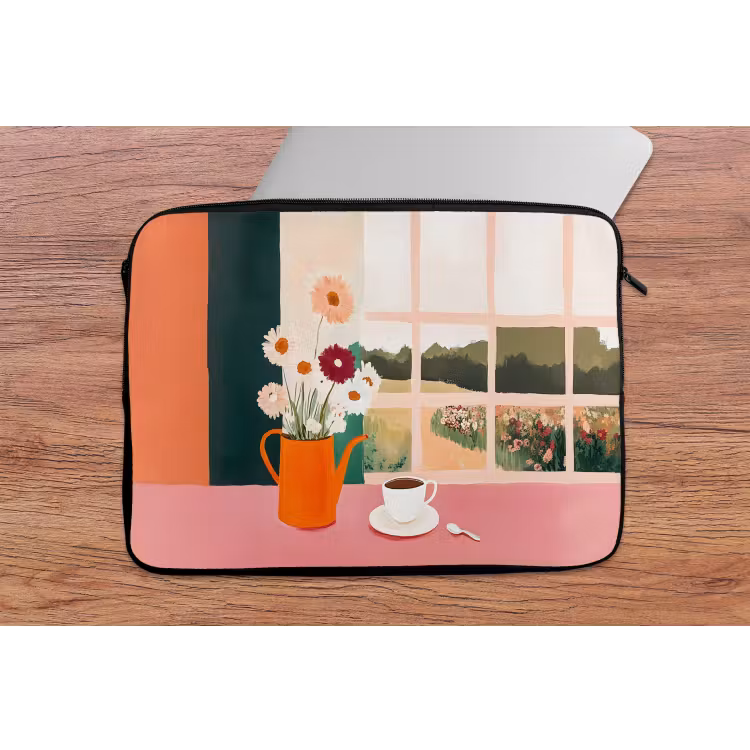 Bloemen - Koffie - Raam laptophoes neopreen klein -tafel