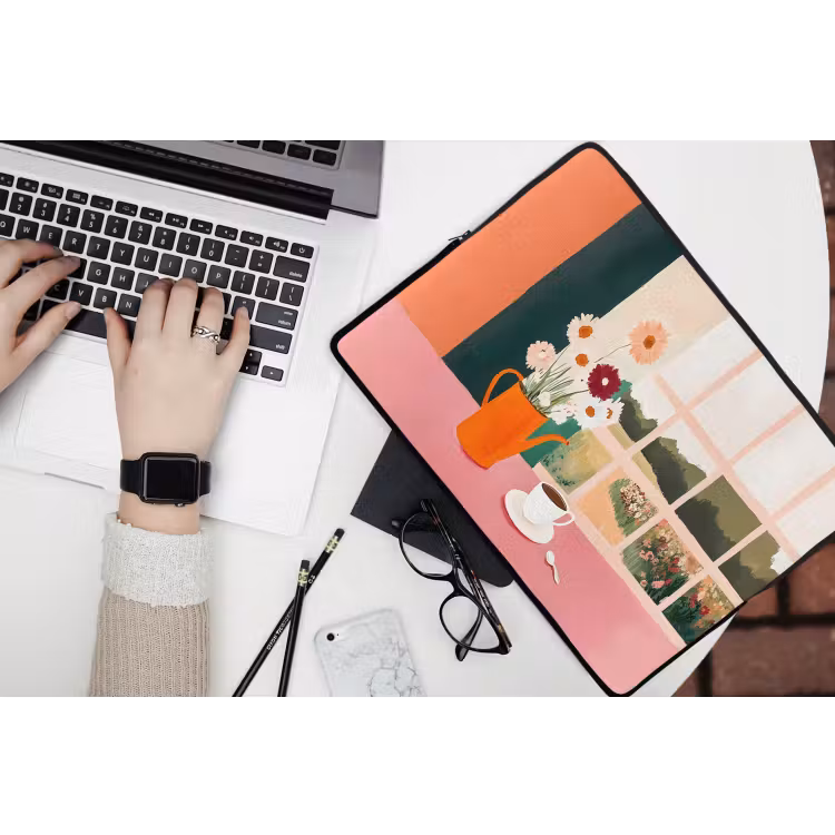 Bloemen - Koffie - Raam laptophoes neopreen klein -bureau