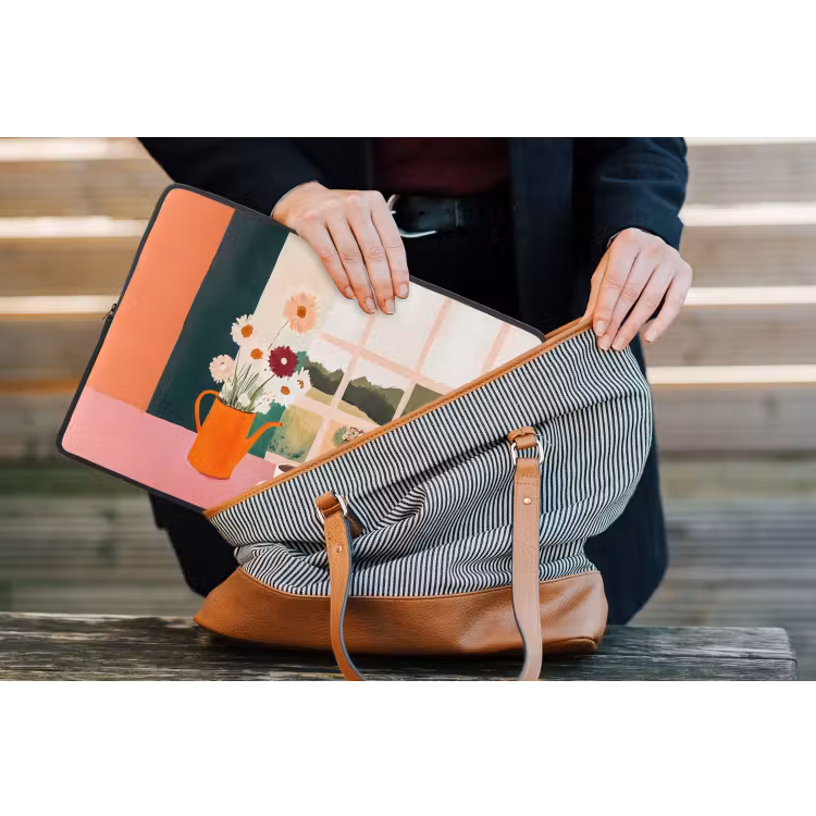 Bloemen - Koffie - Raam laptophoes neopreen klein -tas