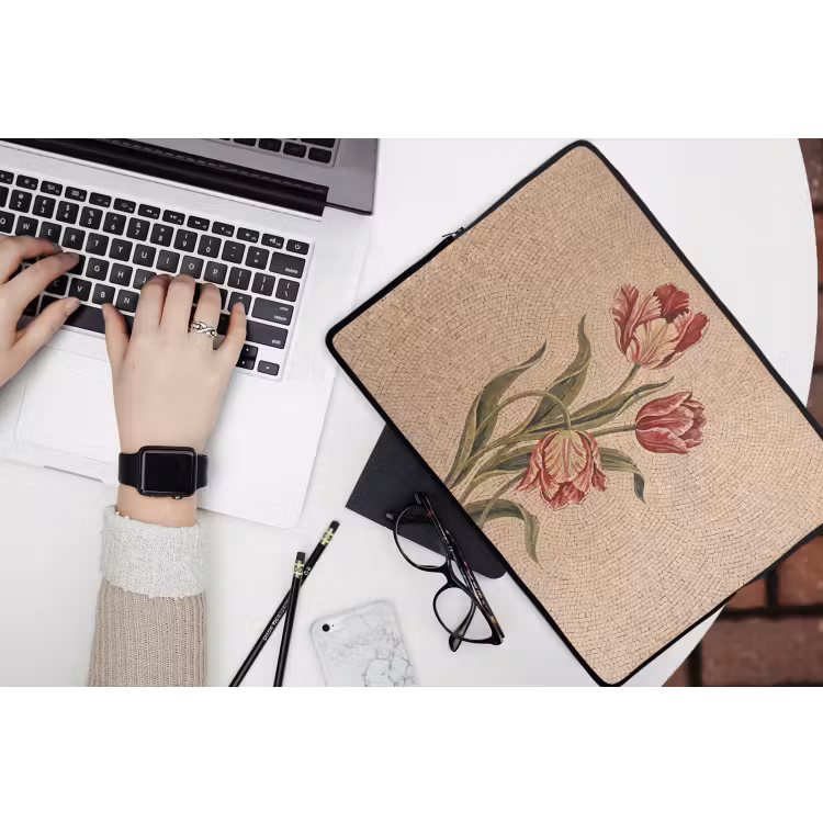 Bloemen - Mozaïek - Rood - Groen - Kunst laptophoes neopreen klein -bureau