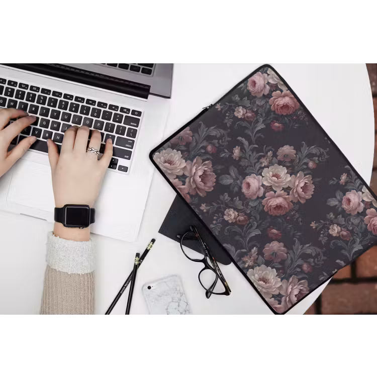 Bloemen - Patroon - Sierlijk - Roze - Donker laptophoes neopreen klein -bureau
