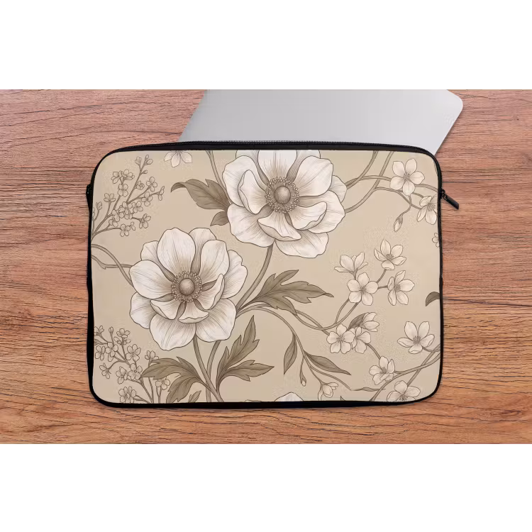Bloemen - Patroon - Beige laptophoes neopreen klein -tafel