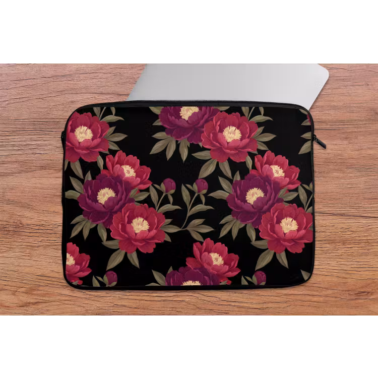 Bloemen - Patroon - Botanisch - Rood - Zwart laptophoes neopreen klein -tafel