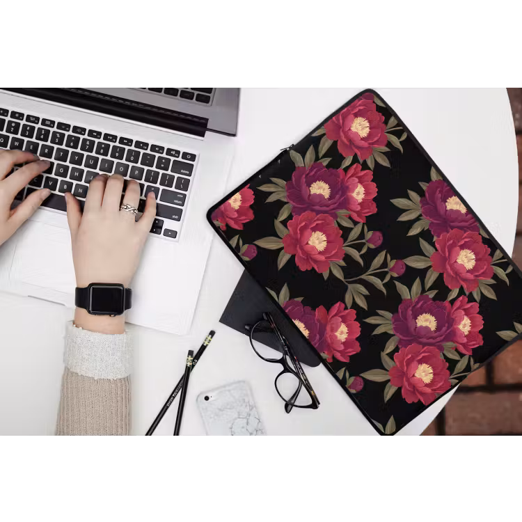Bloemen - Patroon - Botanisch - Rood - Zwart laptophoes neopreen klein -bureau