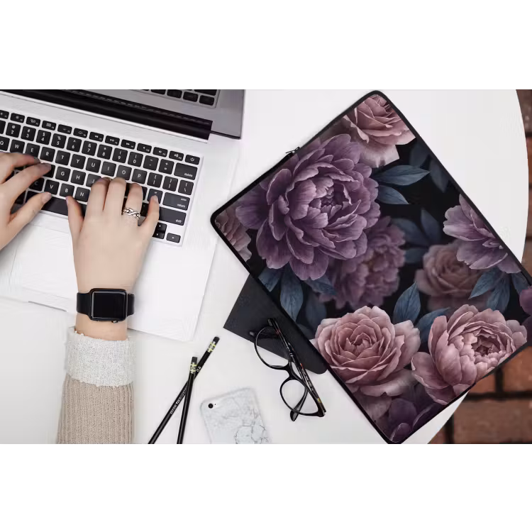 Bloemen - Patroon - Donker - Botanisch - Paars laptophoes neopreen klein -bureau