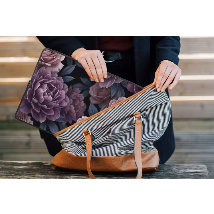 Bloemen - Patroon - Donker - Botanisch - Paars laptophoes neopreen klein -tas