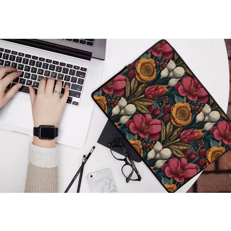 Bloemen - Patroon - Rood - Goud laptophoes neopreen klein 279 -bureau