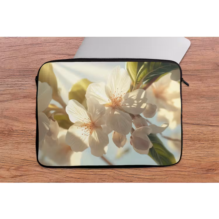 Bloesems - Wit - Zonnestralen - Bloemblaadjes laptophoes neopreen klein -tafel