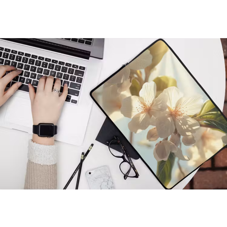 Bloesems - Wit - Zonnestralen - Bloemblaadjes laptophoes neopreen klein -bureau