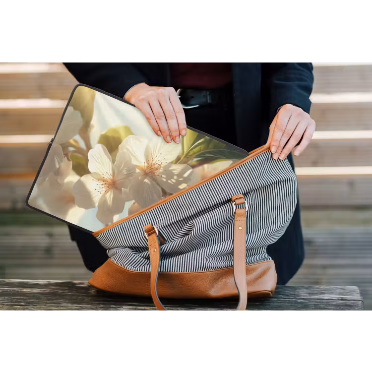 Bloesems - Wit - Zonnestralen - Bloemblaadjes laptophoes neopreen klein -tas