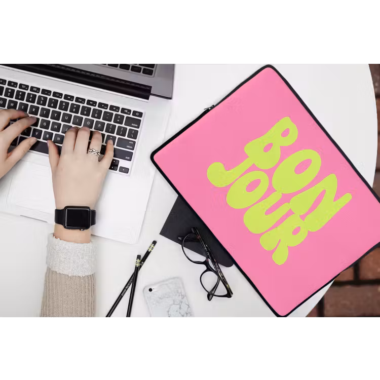 Bonjour - Roze - Fel groen laptophoes neopreen klein -bureau