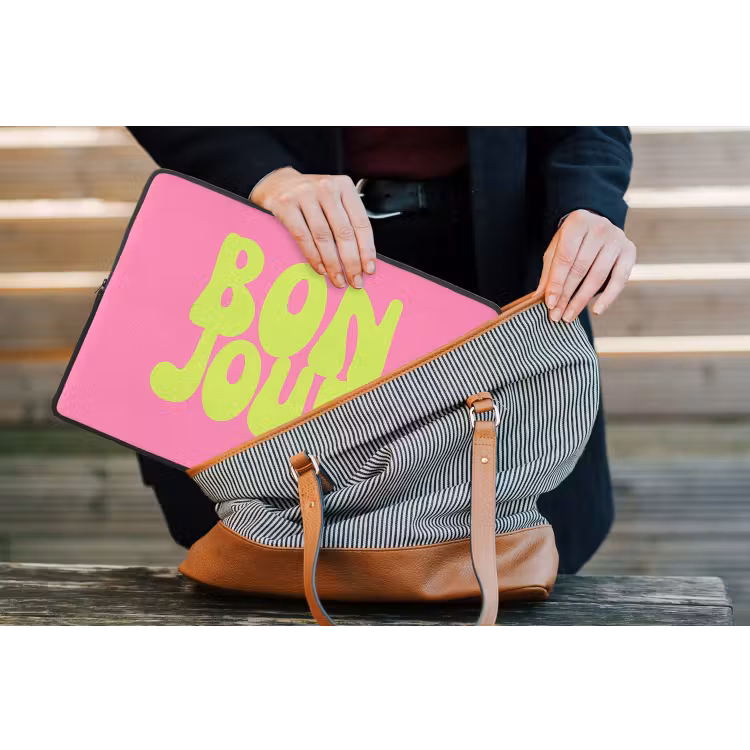 Bonjour - Roze - Fel groen laptophoes neopreen klein -tas