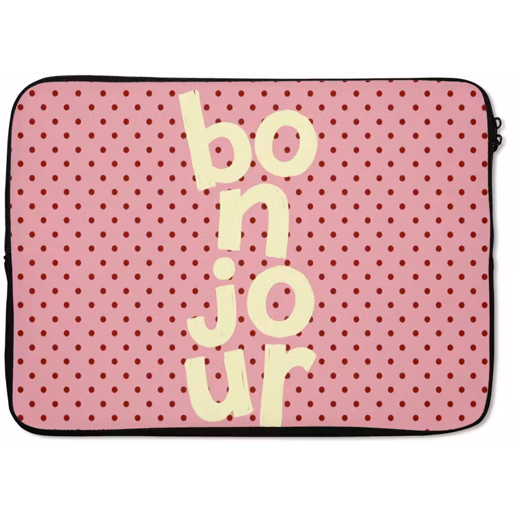 Bonjour - Stippen - Roze- Geel laptophoes neopreen klein -zkaufland3dotto