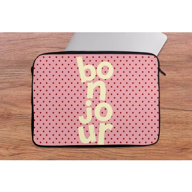 Bonjour - Stippen - Roze- Geel laptophoes neopreen klein -tafel