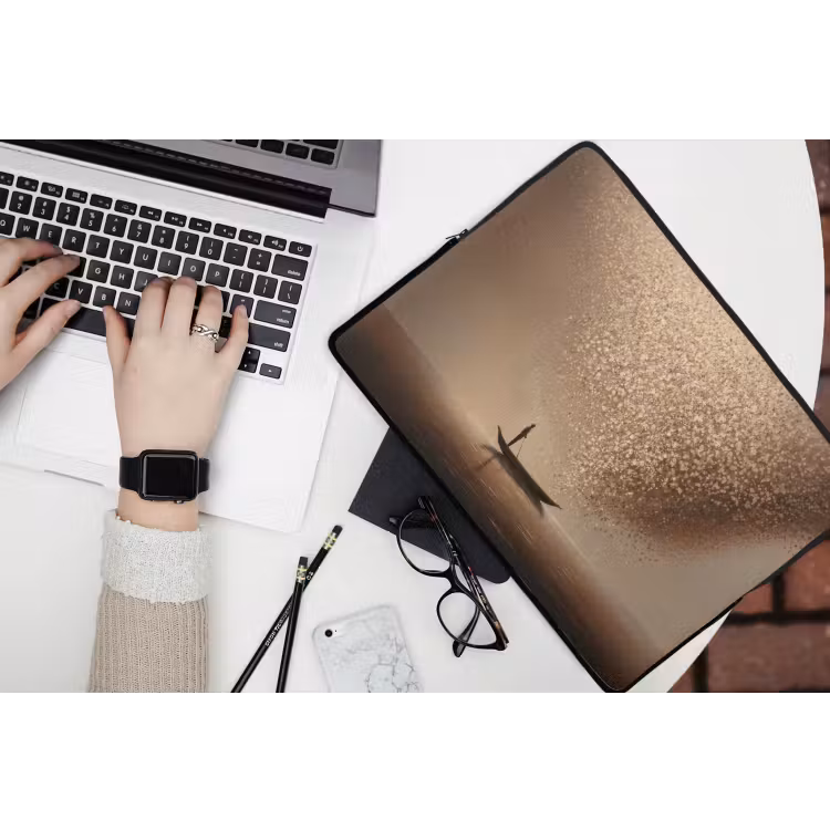 Bootje - Blaadjes - Goud - Water laptophoes neopreen klein -bureau