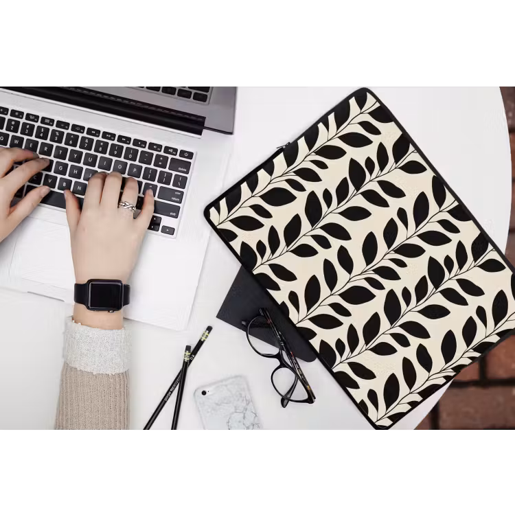 Botanisch - Dessin - Zwart - Beige laptophoes neopreen klein 279 -bureau
