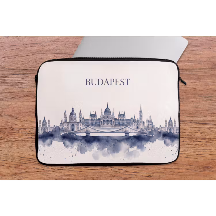 Boedapest - Skyline - Architectuur - Aquarel - Blauw laptophoes neopreen klein -tafel