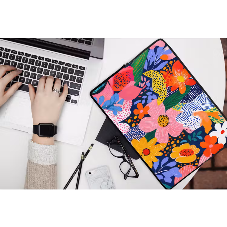 Kleurrijk - Bloemen - Abstract - Stippen laptophoes neopreen klein -bureau