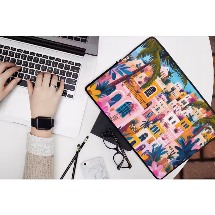 Kleurrijk - Roze - Oranje - Geel - Bloemen laptophoes neopreen klein -bureau