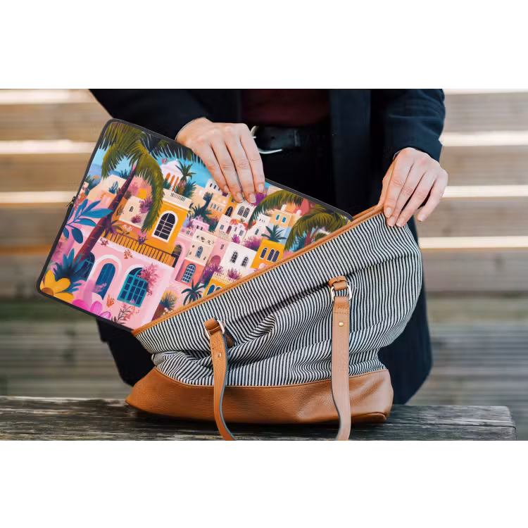 Kleurrijk - Roze - Oranje - Geel - Bloemen laptophoes neopreen klein -tas