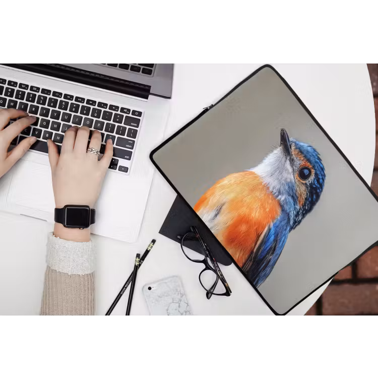 Kleurrijk - Vogeltje - Veren - Blauw laptophoes neopreen klein -bureau
