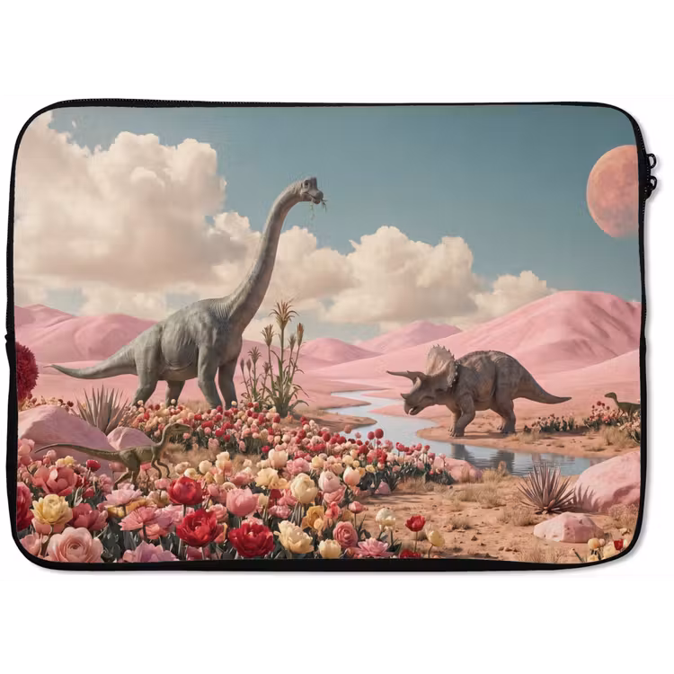 Laptop hülle - Dinosaurier – Rosa – Landschaft - Dinosaurus - Roze - Landschap laptophoes neopreen klein