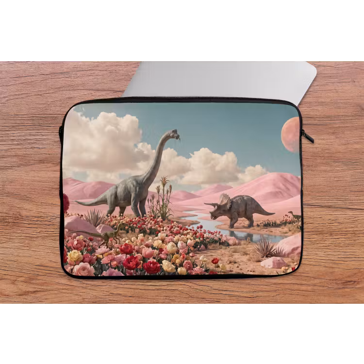 Laptop hülle - Dinosaurier – Rosa – Landschaft - Dinosaurus - Roze - Landschap laptophoes neopreen klein