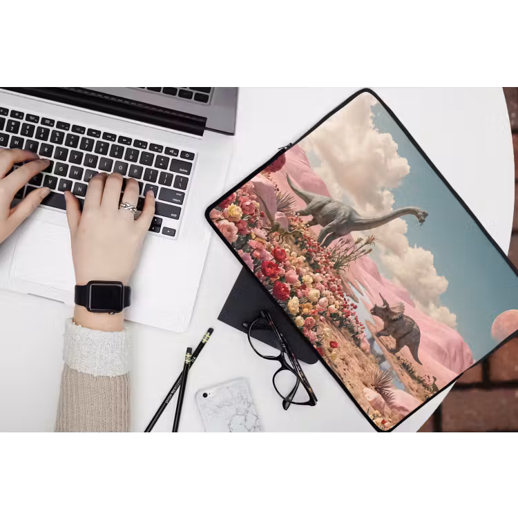 Laptop hülle - Dinosaurier – Rosa – Landschaft - Dinosaurus - Roze - Landschap laptophoes neopreen klein