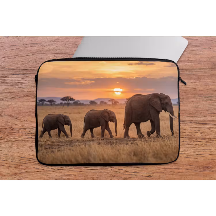 Olifanten - Savanne - Zonsondergang - Afrika - Warm laptophoes neopreen klein -tafel