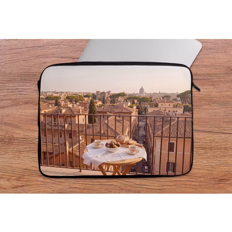 Eten - Ontbijt - Balkon - Stad - Zonsopgang laptophoes neopreen klein -tafel