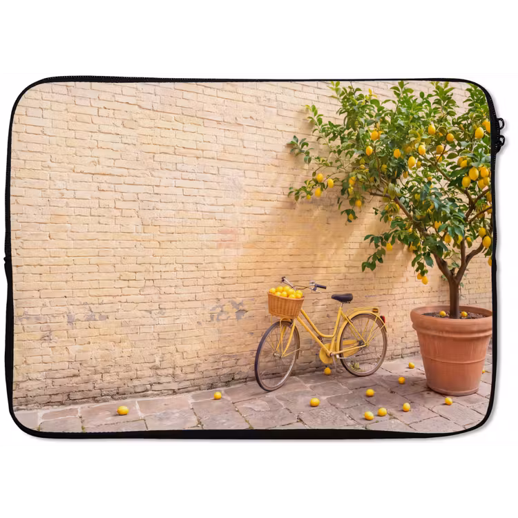 Fiets - Mand - Eten - Geel - Zomer laptophoes neopreen klein -zkaufland3dotto