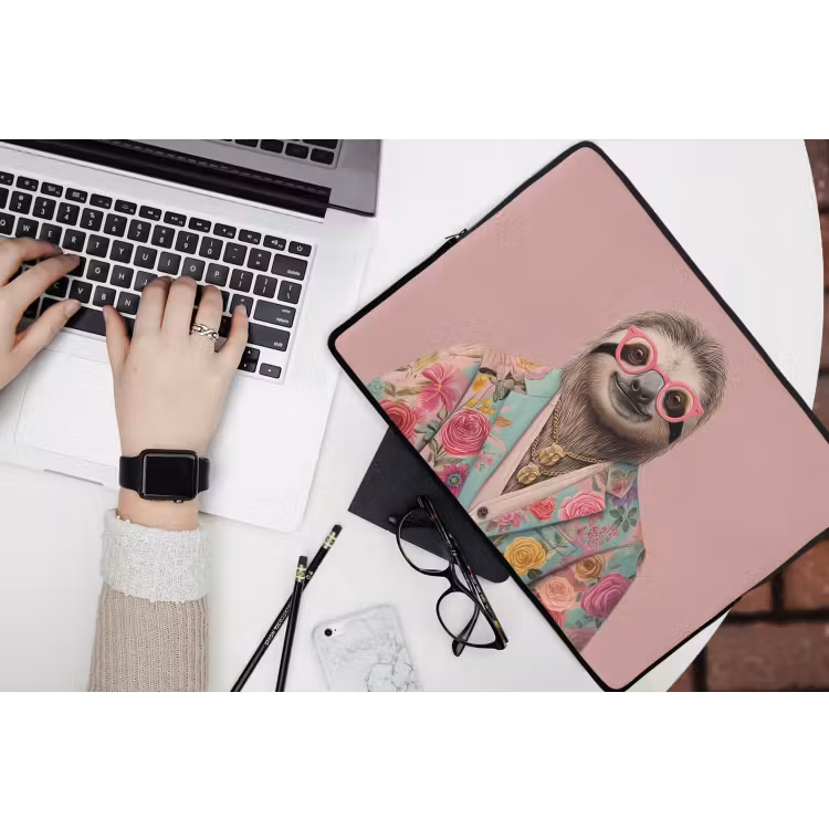 Luiaard - Bloemenprint - Bril - Roze laptophoes neopreen klein -bureau