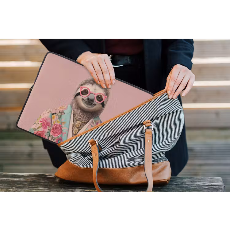 Luiaard - Bloemenprint - Bril - Roze laptophoes neopreen klein -tas