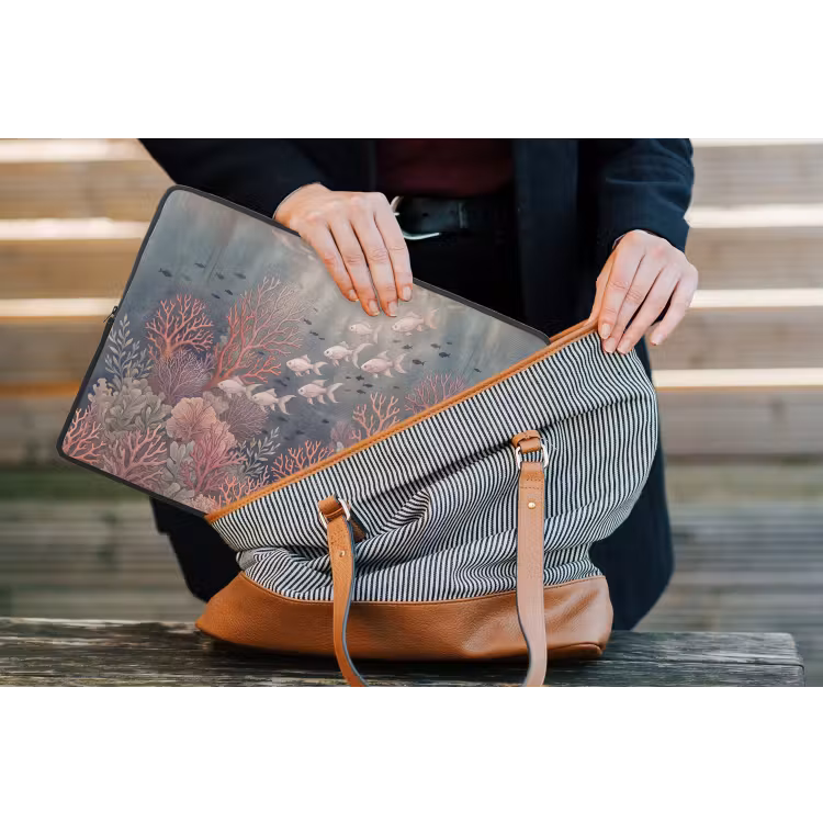 Vis - Koraal - Onderwater - Illustratie - Vintage laptophoes neopreen klein -tas