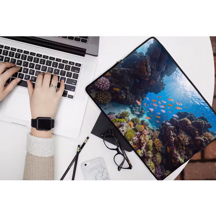 Vis - Koraalrif - Onderwater - Levendig - Blauw laptophoes neopreen klein -bureau