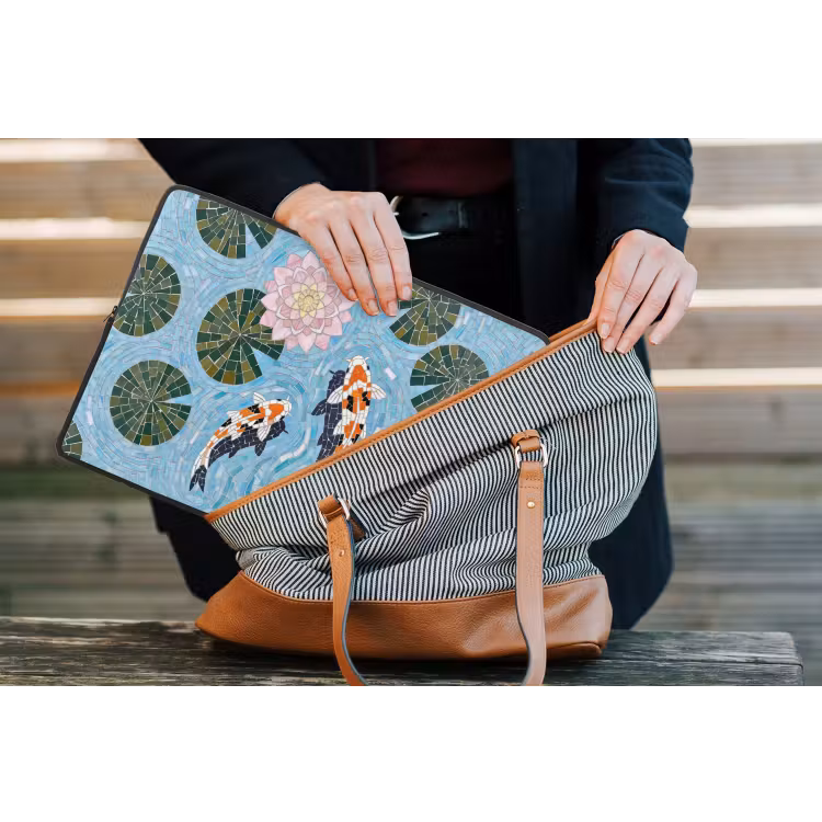 Vis - Water - Natuur - Mozaïek - Blauw laptophoes neopreen klein -tas