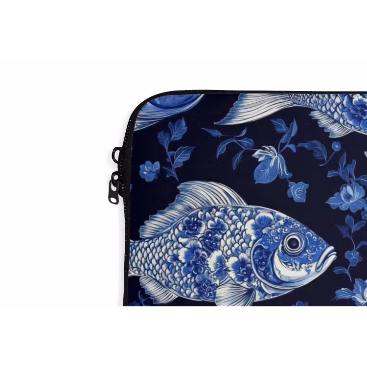 Vissen - Bloemen - Blauw laptophoes neopreen klein 279 -detail
