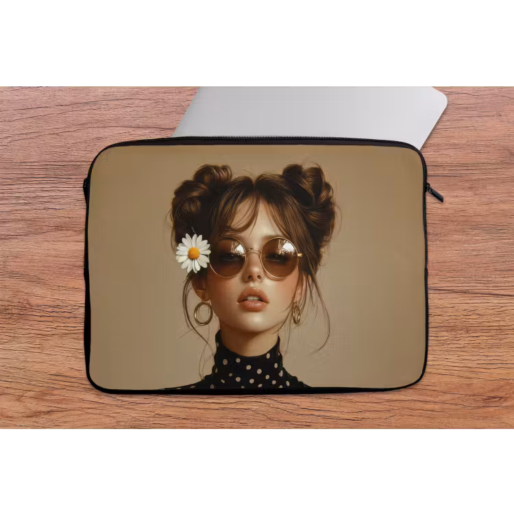 Vrouw - Beige - Bloem - Modern - Portret laptophoes neopreen klein -tafel