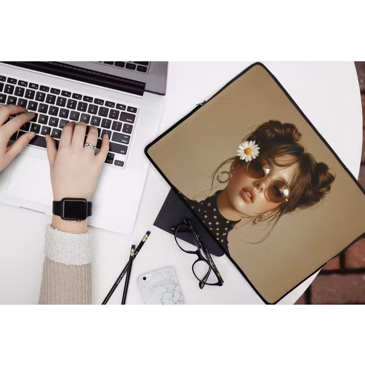 Vrouw - Beige - Bloem - Modern - Portret laptophoes neopreen klein -bureau