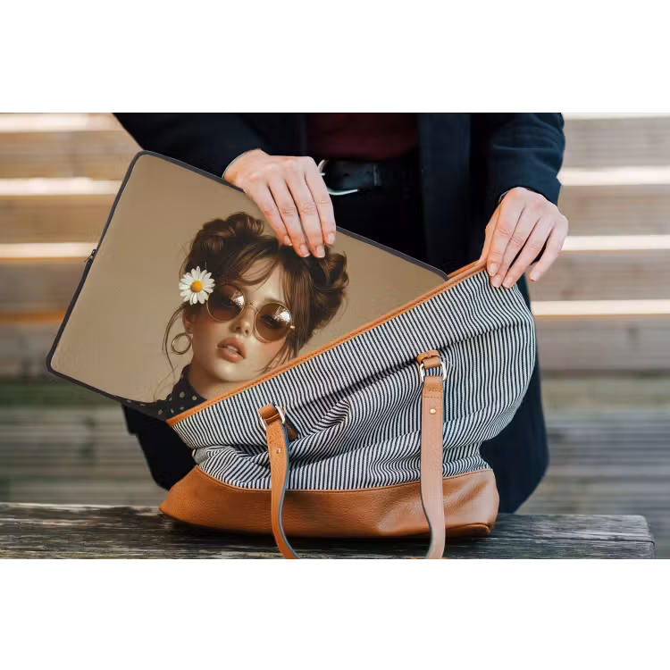 Vrouw - Beige - Bloem - Modern - Portret laptophoes neopreen klein -tas