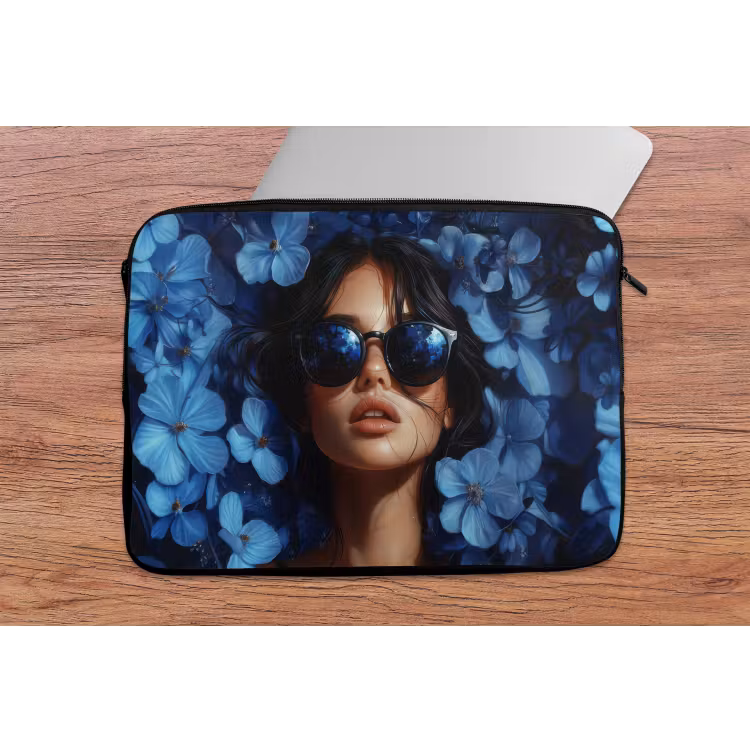 Vrouw - Blauw - Bloemen - Vlinders - Natuur laptophoes neopreen klein -tafel