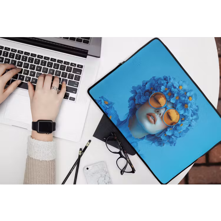 Vrouw - Bloem - Blauw - Modern - Bril - Portret laptophoes neopreen klein -bureau