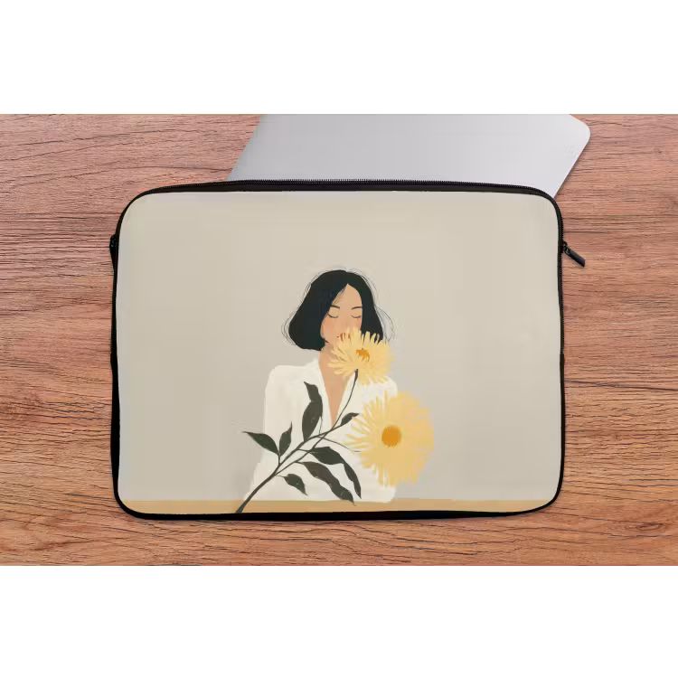 Vrouw - Bloem - Geel - Minimalistisch laptophoes neopreen klein -tafel