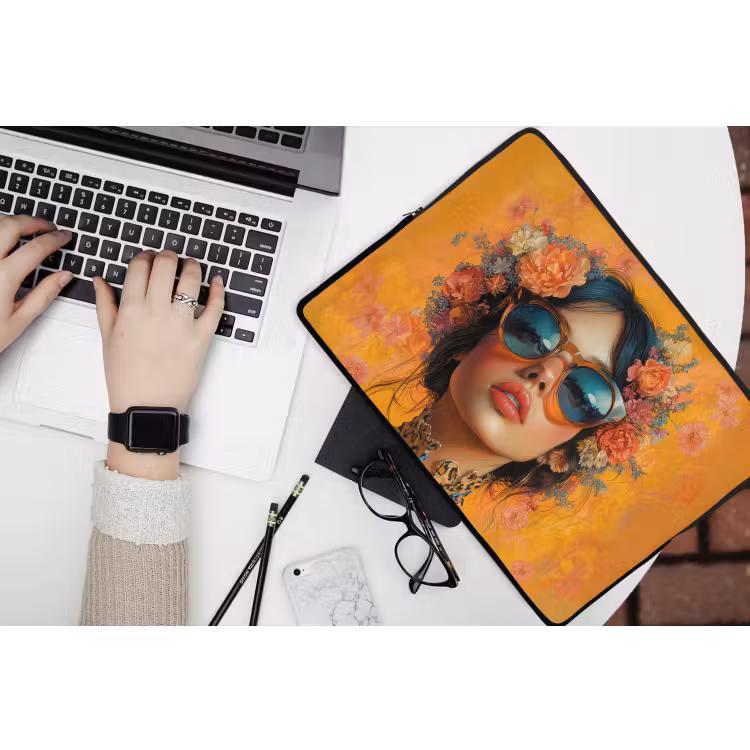 Vrouw - Bloemen - Aesthetic - Oranje laptophoes neopreen klein -bureau
