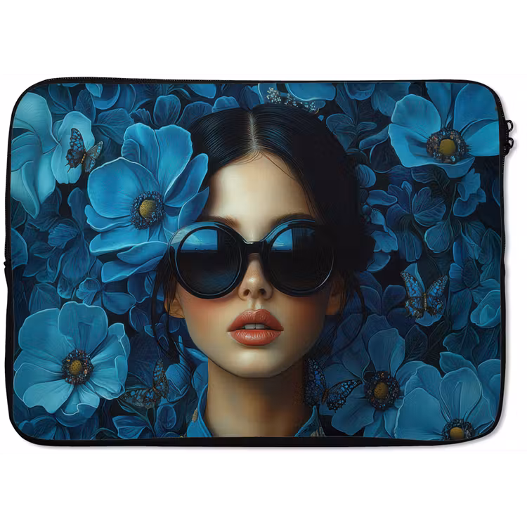 Vrouw - Bloemen - Blauw - Aesthetic - Luxe laptophoes neopreen klein -zkaufland3dotto