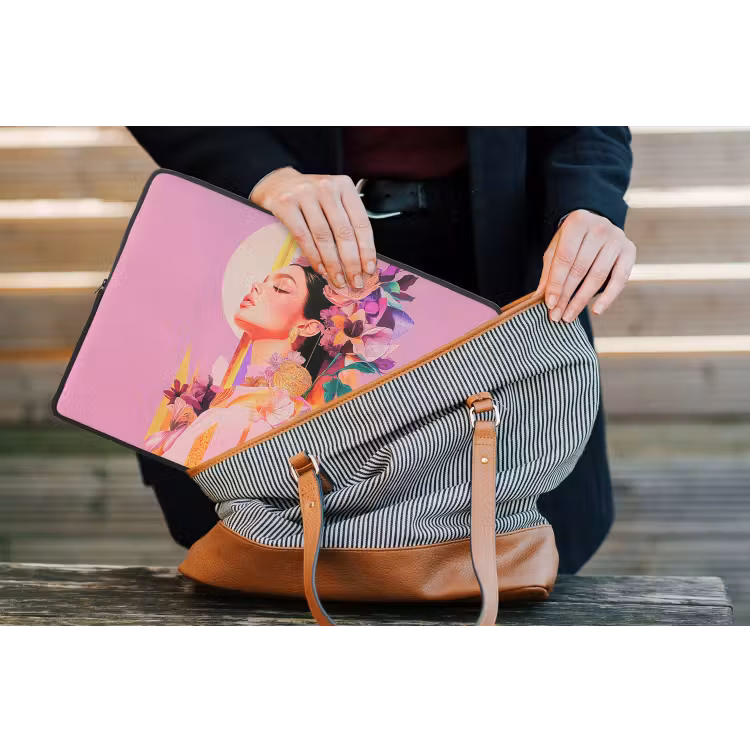Vrouw - Bloemen - Paars - Abstract laptophoes neopreen klein -tas