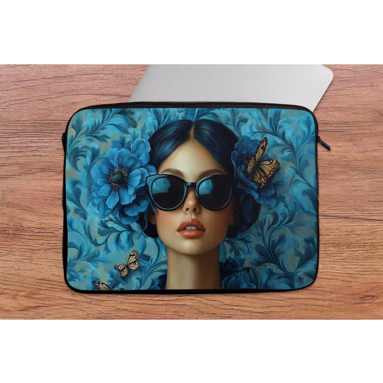 Vrouw - Bloemen - Vlinders - Blauw - Abstract laptophoes neopreen klein -tafel