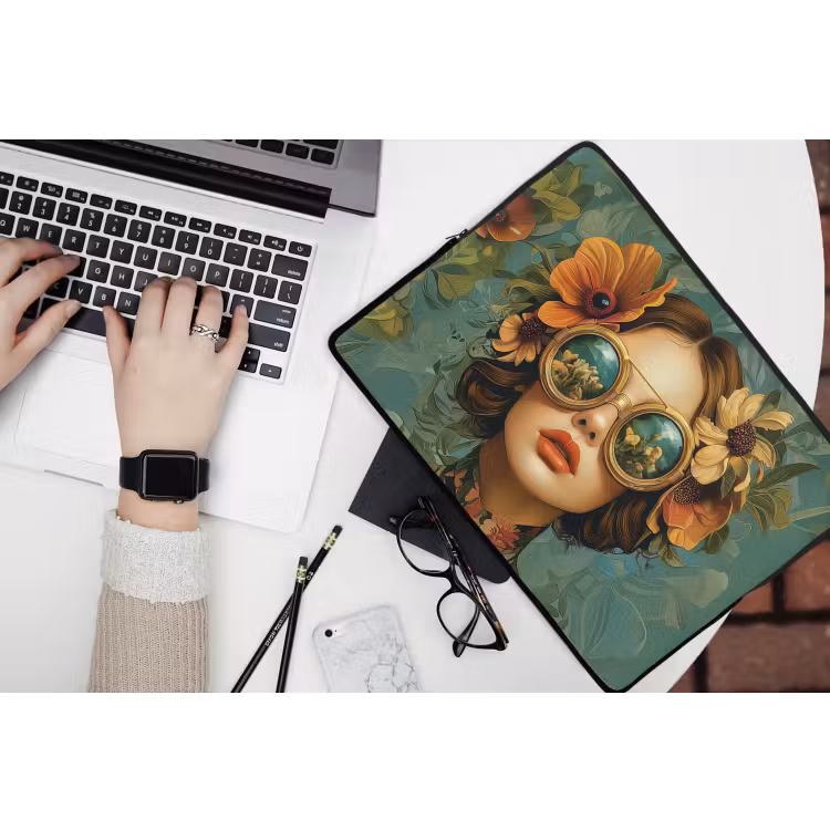 Vrouw - Bloemen - Vlinders - Natuur - Vintage laptophoes neopreen klein -bureau