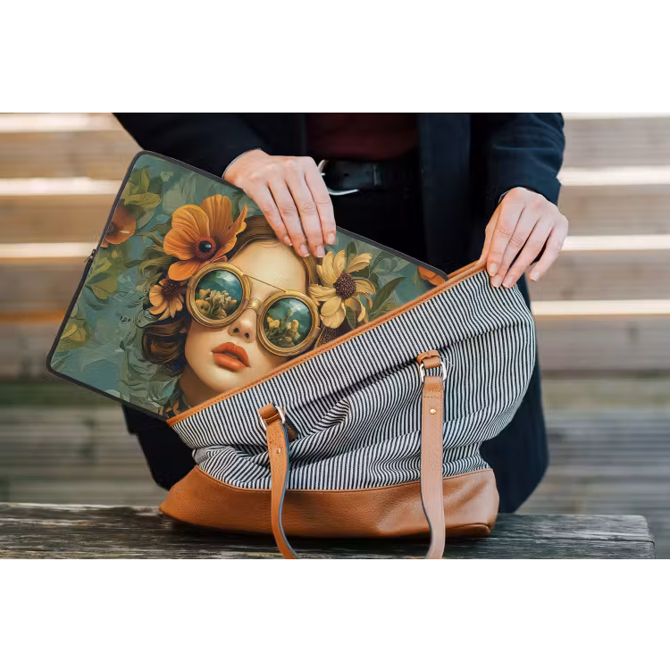 Vrouw - Bloemen - Vlinders - Natuur - Vintage laptophoes neopreen klein -tas